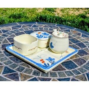Floral Japanese Ceramic Sushi Serving Platter+2 Sauce Bowls+Tea Cup Set NOS